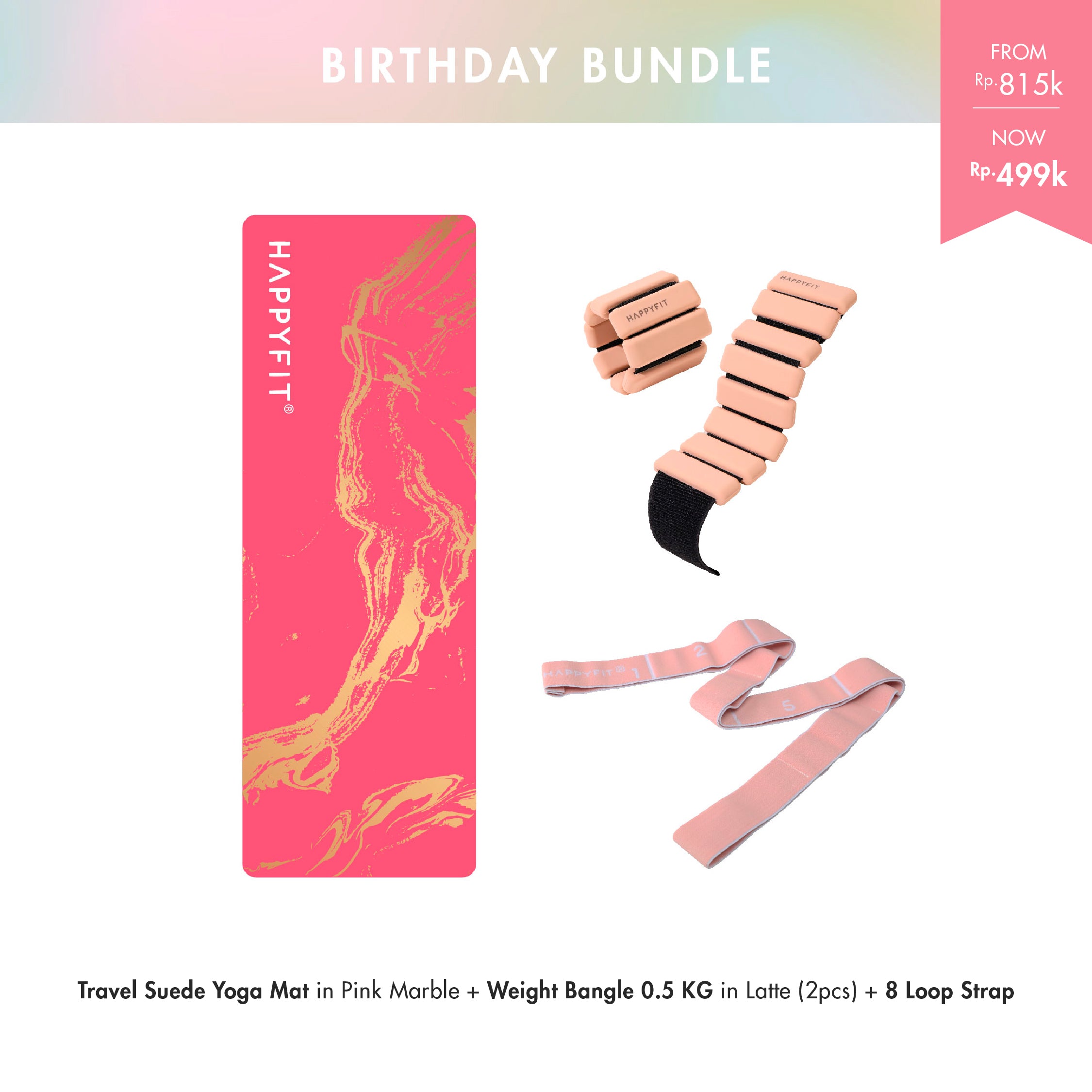 Bundle Yoga Travel Suede (Pink Marble) + 2 Bangle 0,5 kg (Late) + Woven 8 Loop (Pink)