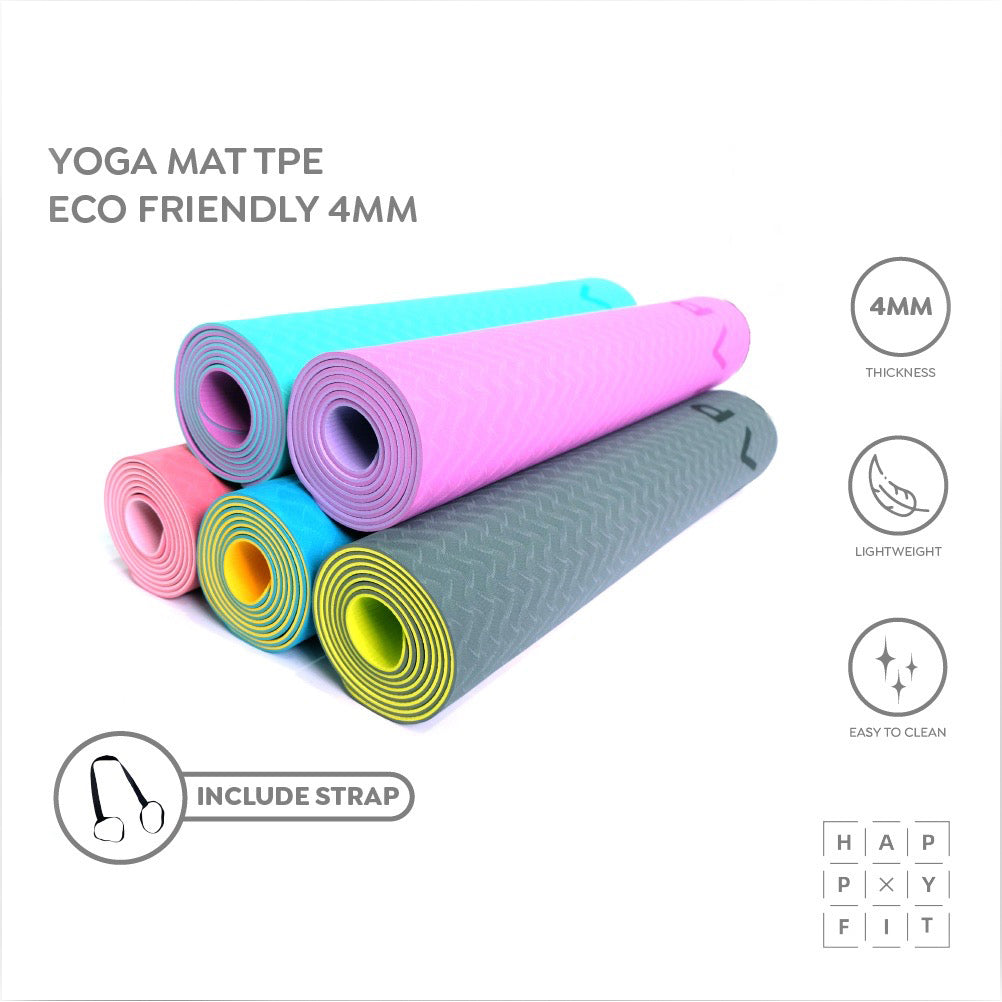 HAPPYFIT [Free Strap] Yoga Mat Tpe Eco Friendly 4mm Reversible