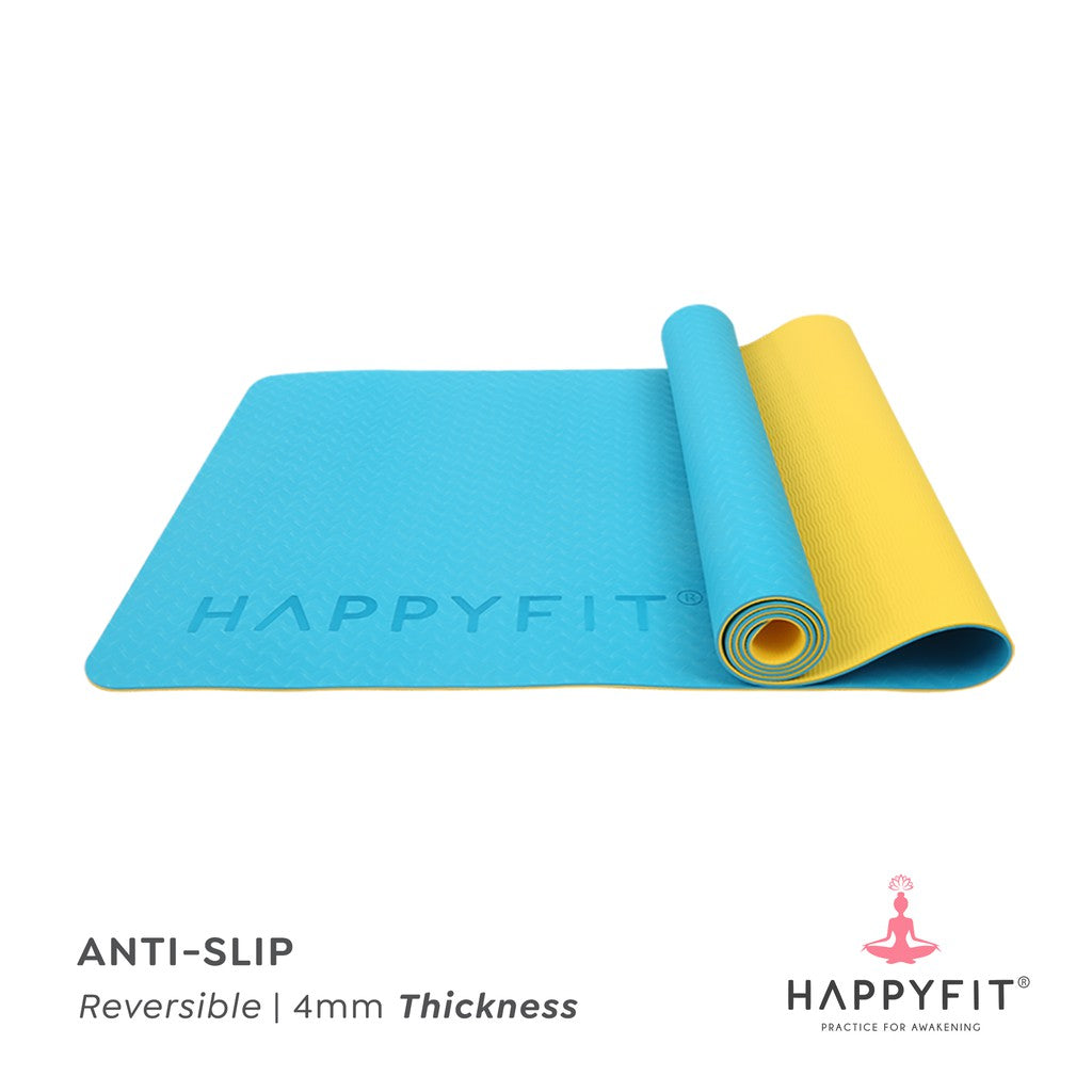 HAPPYFIT [Free Strap] Yoga Mat Tpe Eco Friendly 4mm Reversible HAPPYFIT