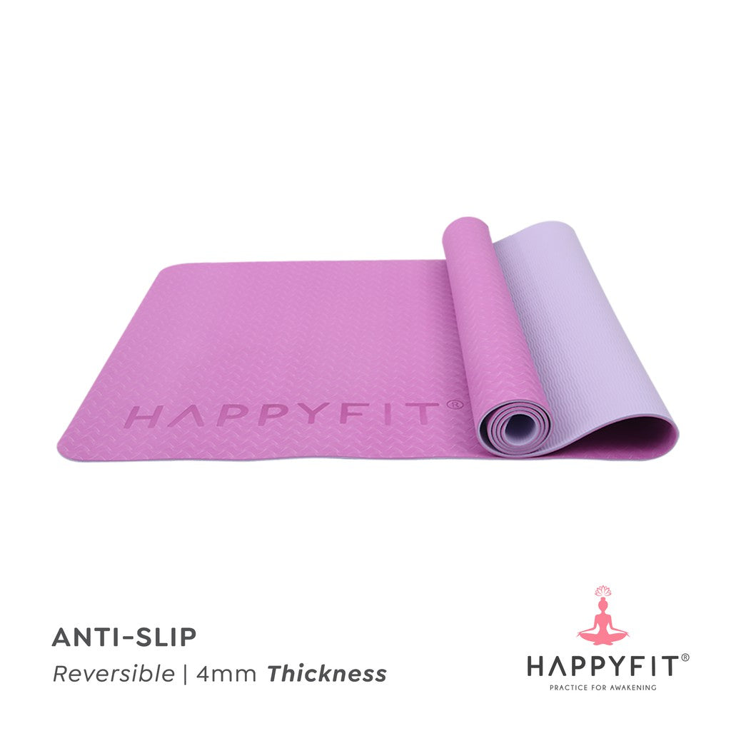 HAPPYFIT [Free Strap] Yoga Mat Tpe Eco Friendly 4mm Reversible HAPPYFIT
