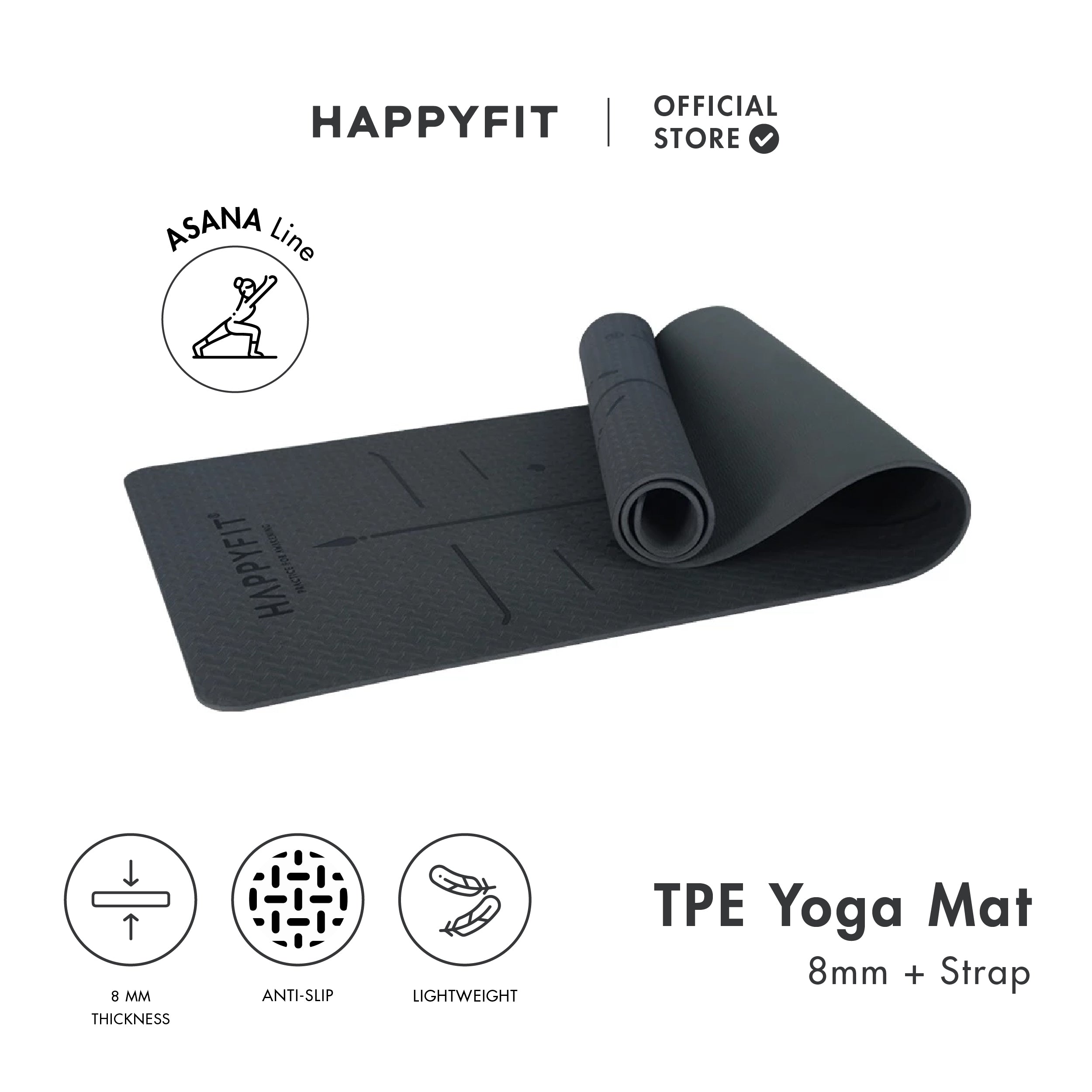 HAPPYFIT [Free Strap] Yoga Mat Tpe 8mm Asana