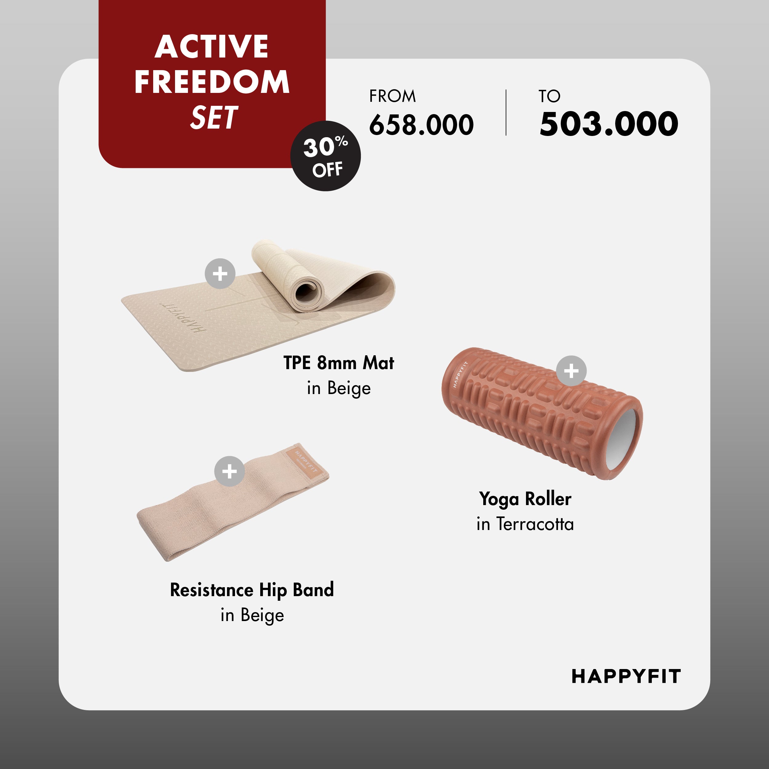 HAPPYFIT - Freedom Fit Bundle 6 | TPE 8mm Asana + Strap Beige + Yoga Roller Terracotta + Resistance Hip Band Beige