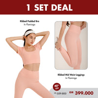 HAPPYFIT - Freedom Fit Bundle 2 | [1 SET] Sports Bra Ribbed Padded Bra + Leggings Ribbed Mid High Waist Flamingo