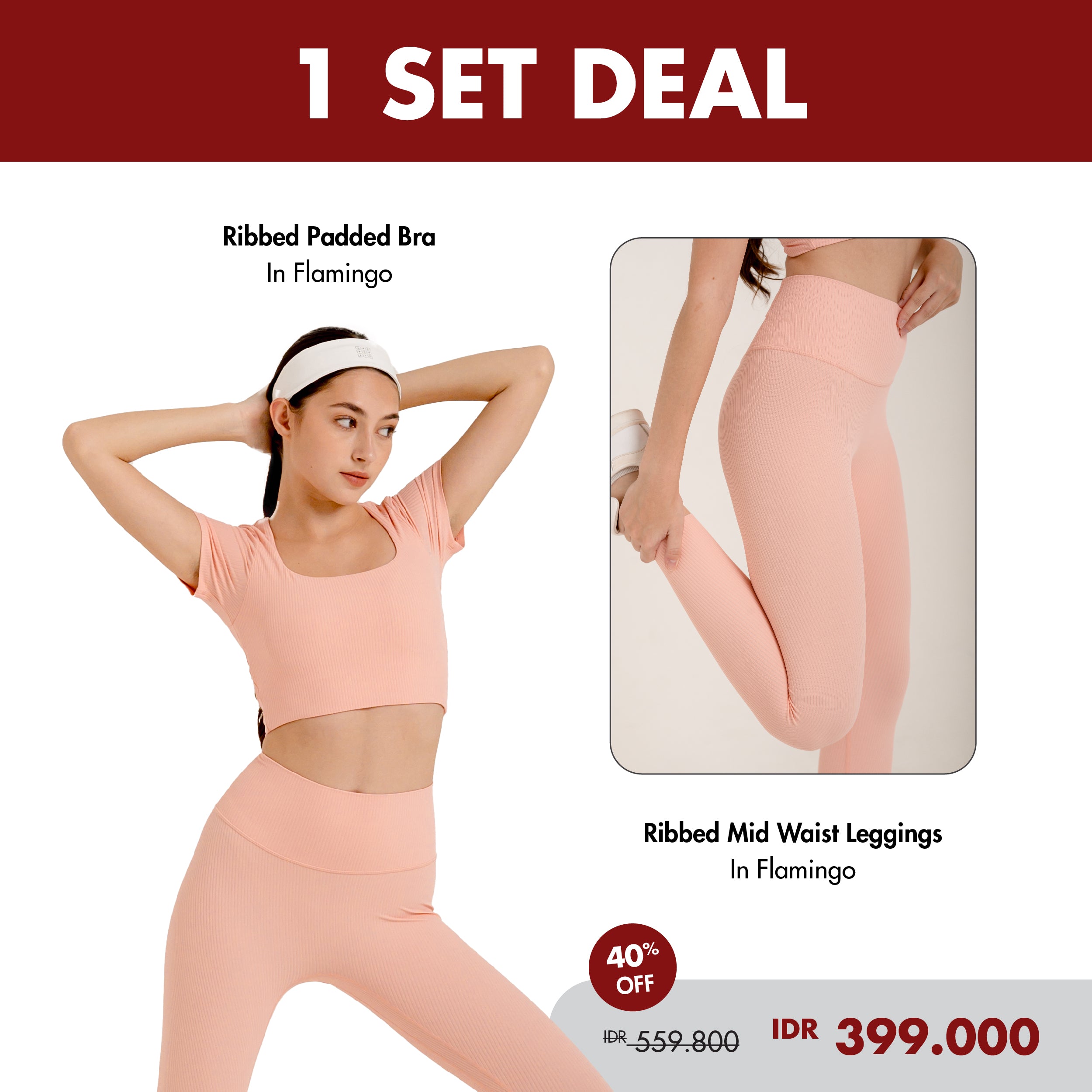 HAPPYFIT - Freedom Fit Bundle 2 | [1 SET] Sports Bra Ribbed Padded Bra + Leggings Ribbed Mid High Waist Flamingo