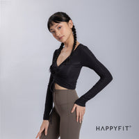 HAPPYFIT Cropped Long Sleeve Ribbed V neck Top