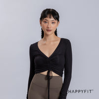 HAPPYFIT Cropped Long Sleeve Ribbed V neck Top