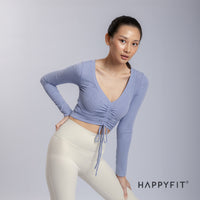 HAPPYFIT Cropped Long Sleeve Ribbed V neck Top