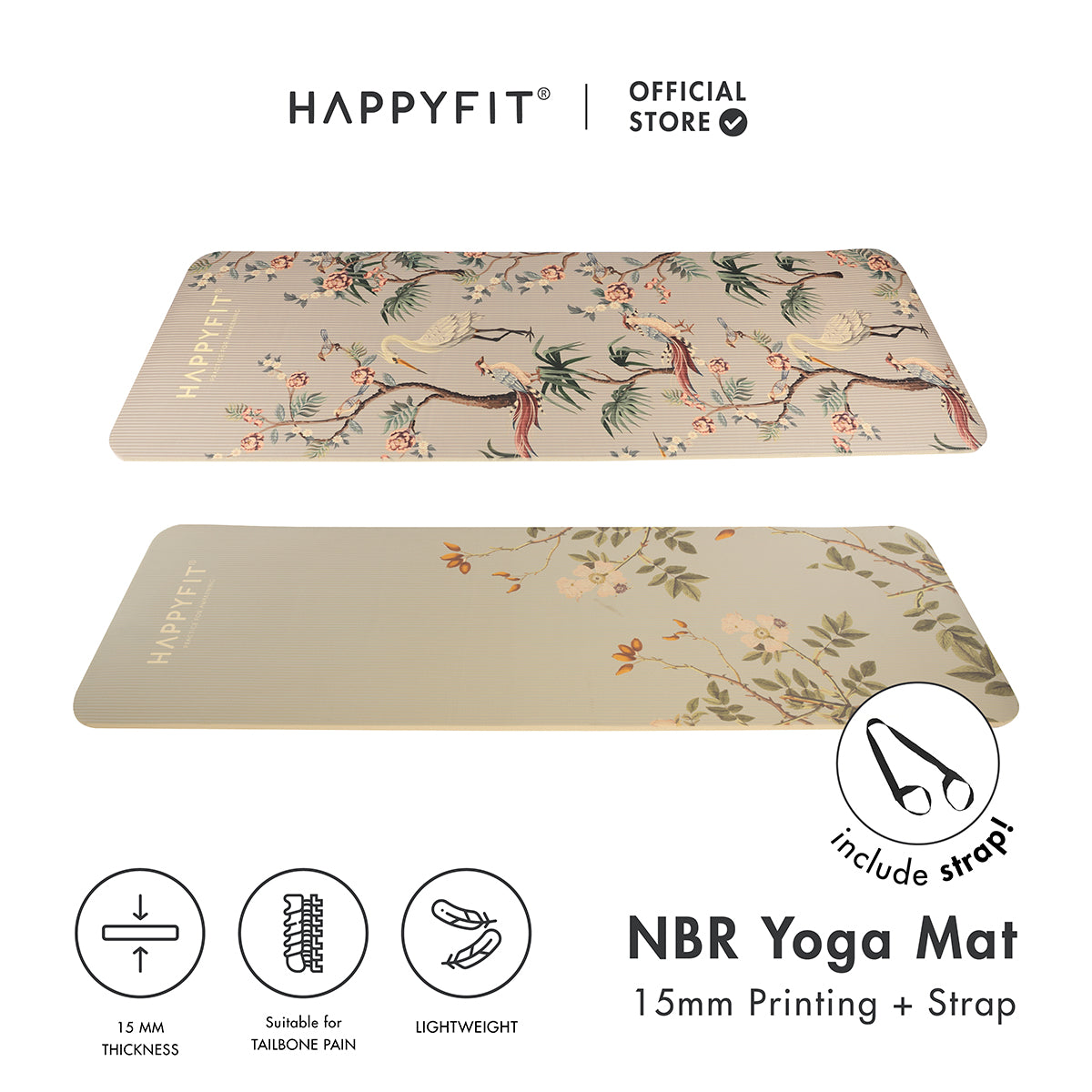 HAPPYFIT Yoga Mat Nbr 15mm Printing + Strap