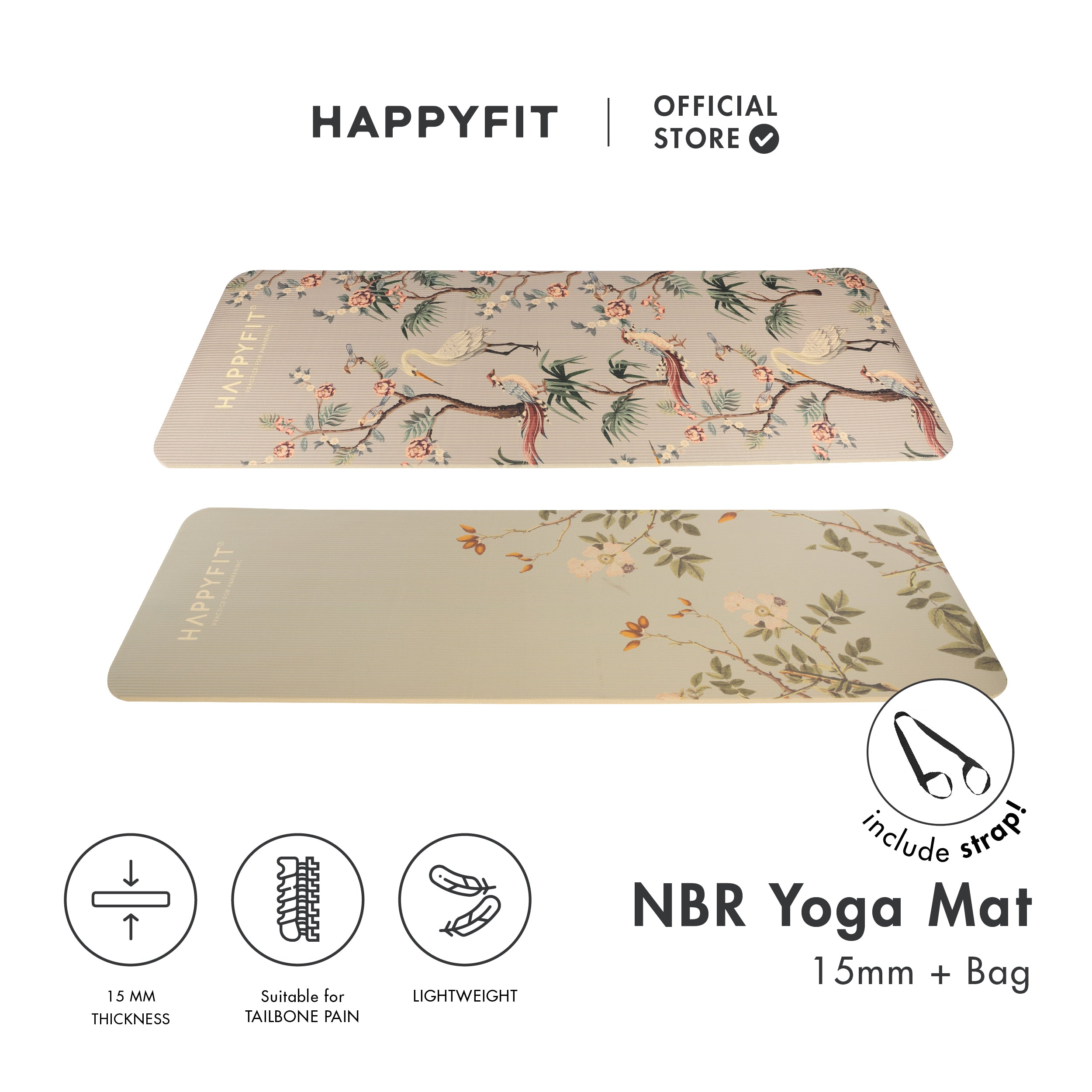 HAPPYFIT Yoga Mat Nbr 15mm Printing + Strap