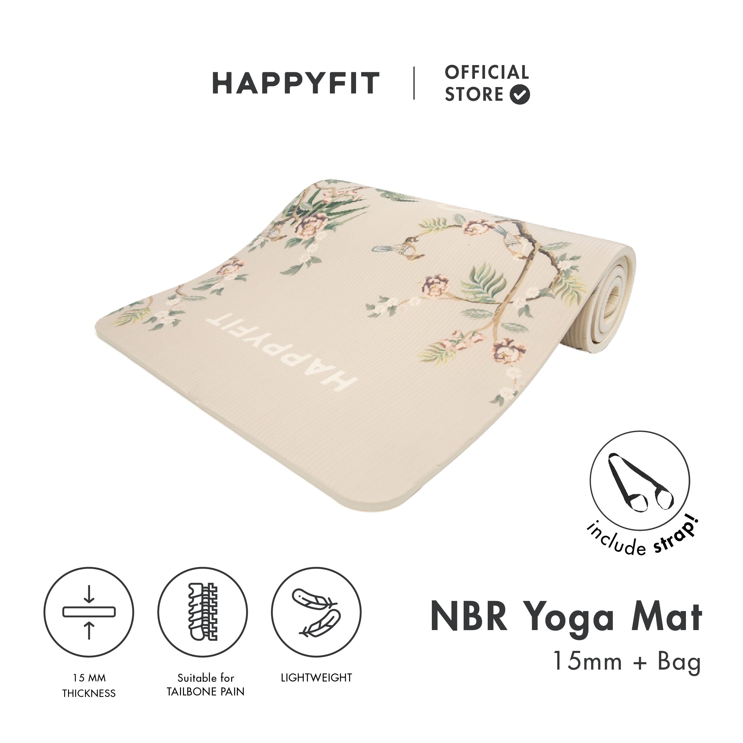 HAPPYFIT Yoga Mat Nbr 15mm Printing + Strap