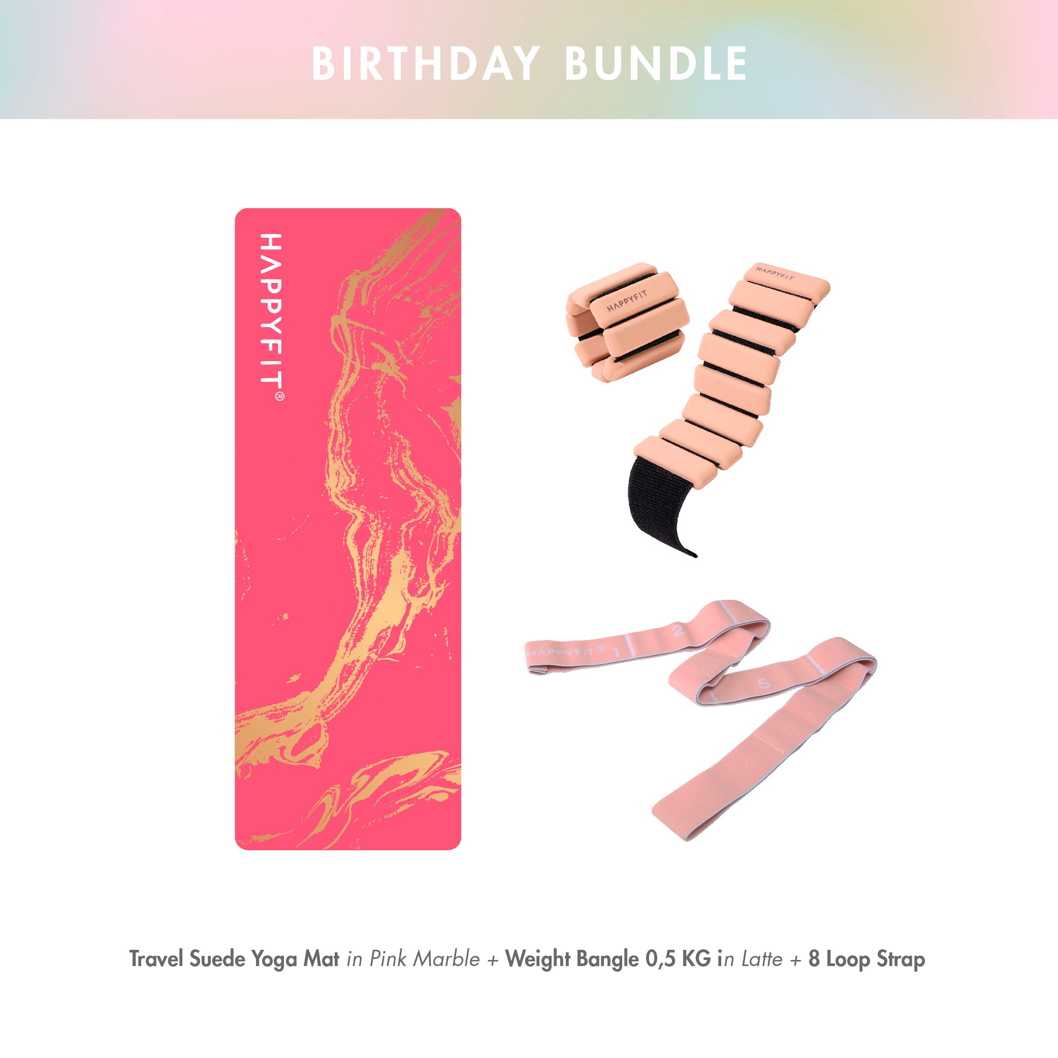 Bundle Yoga Travel Suede (Pink Marble) + 2 Bangle 0,5 kg (Late) + Woven 8 Loop (Pink)