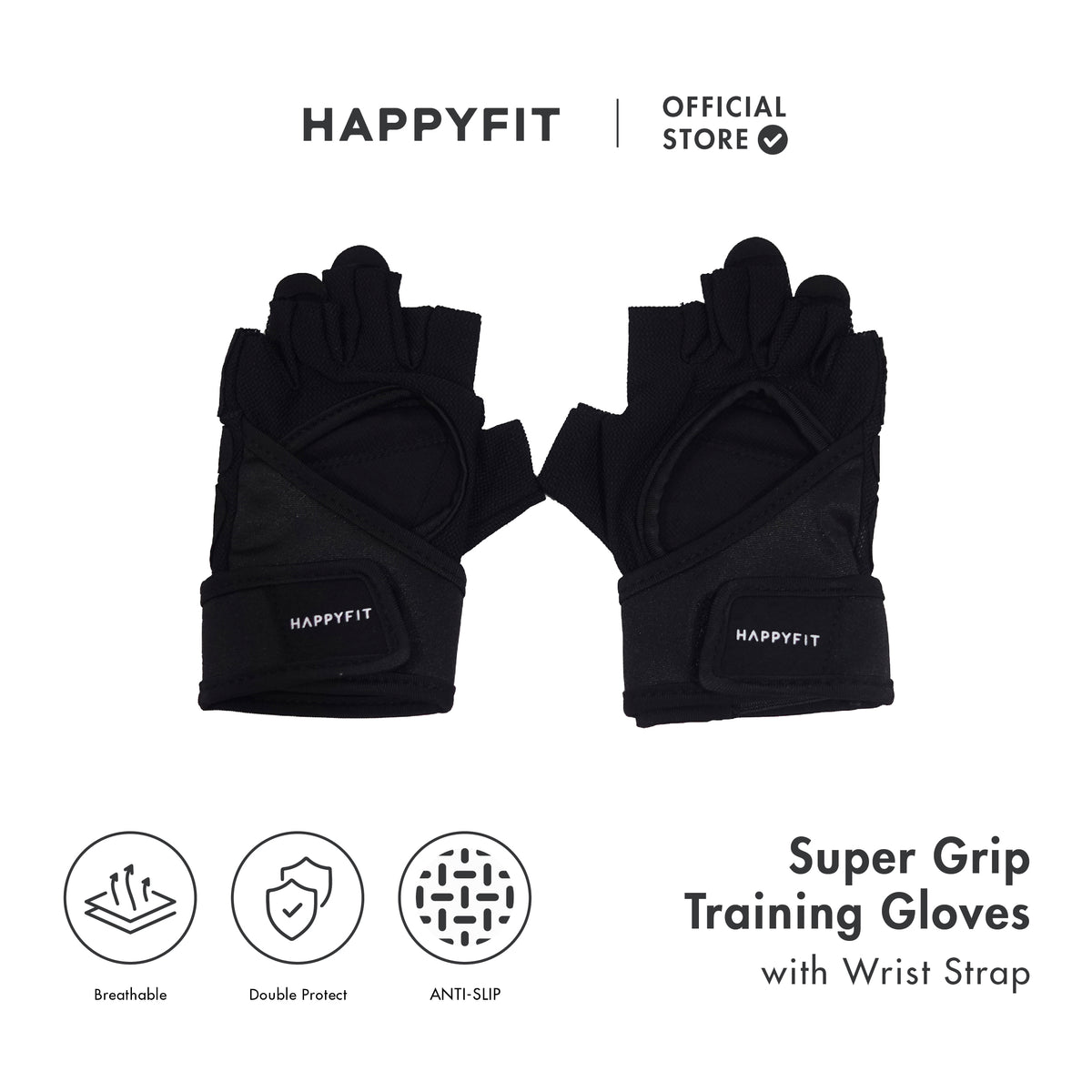 HAPPYFIT Supergrip Training Gloves with Wrist Strap