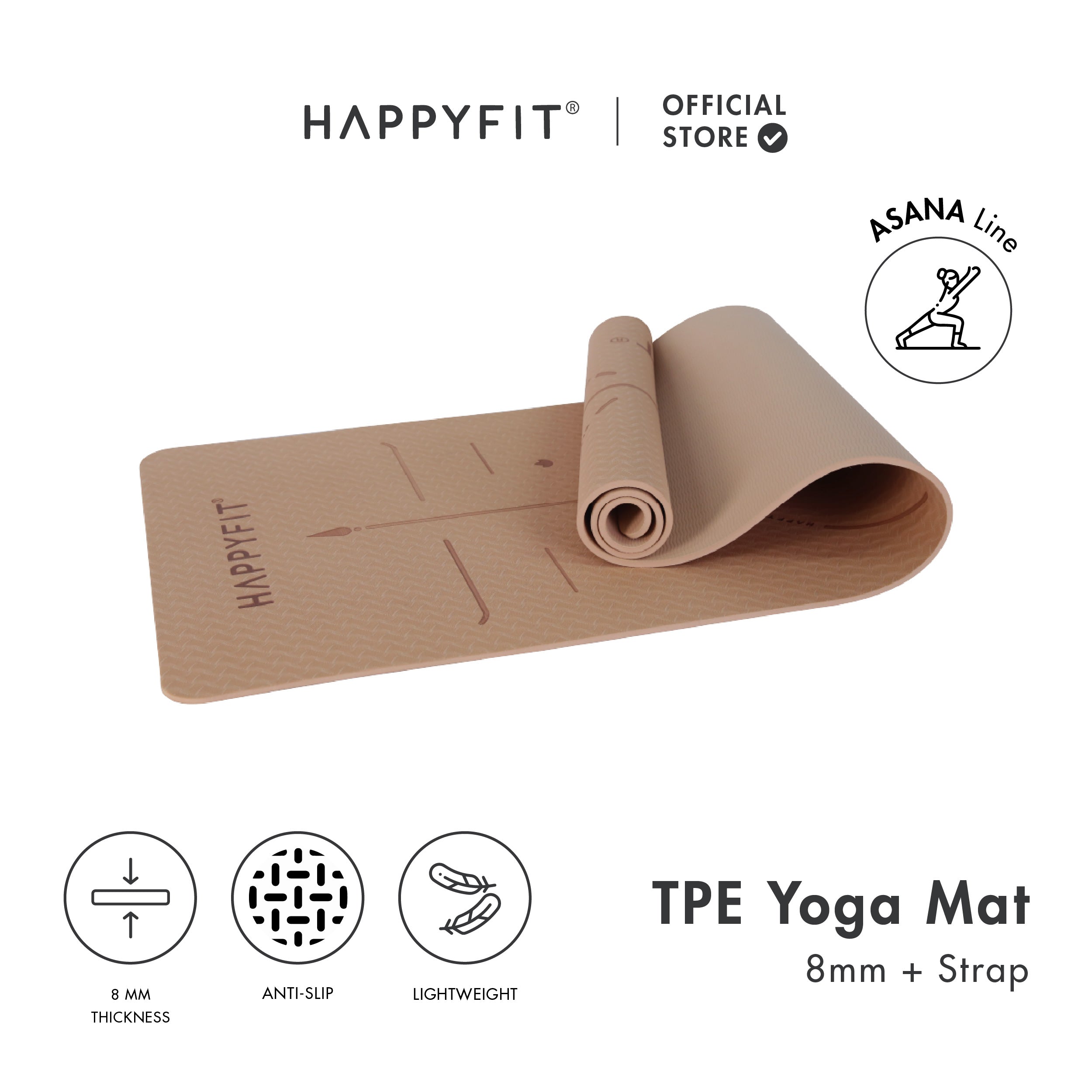 HAPPYFIT [Free Strap] Yoga Mat Tpe 8mm Asana