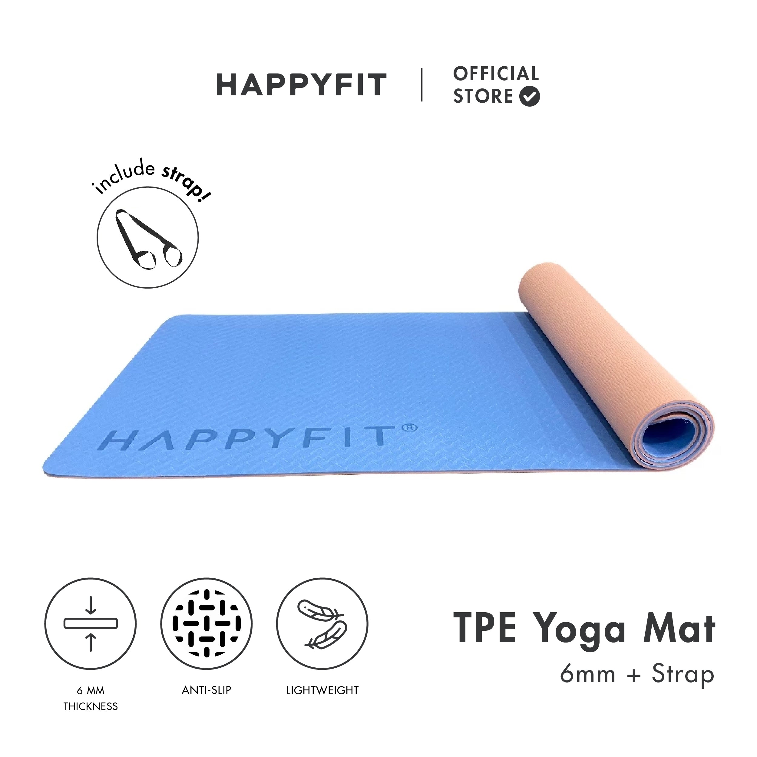 HAPPYFIT [Free Strap] Yoga Mat Tpe Eco Friendly 6mm