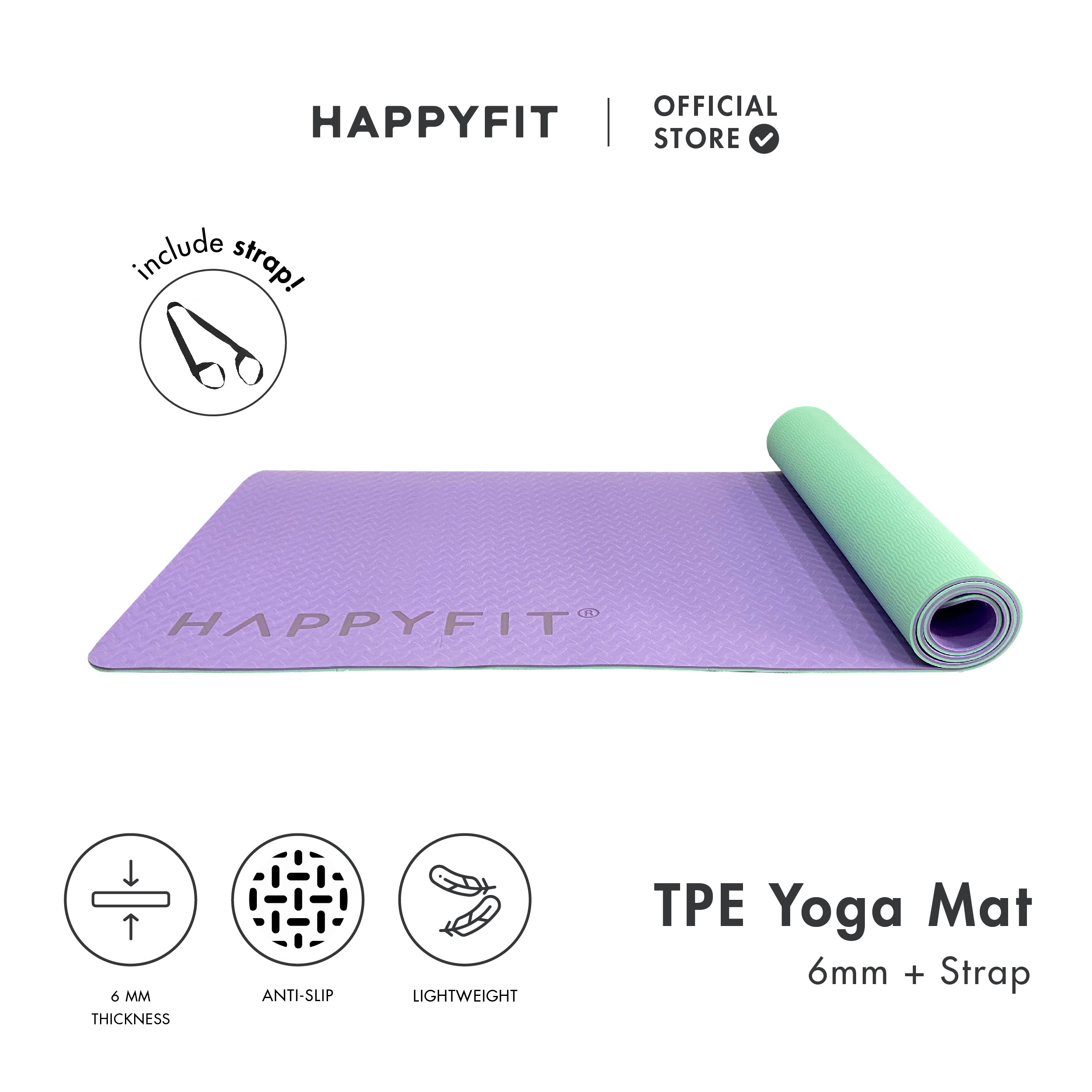 HAPPYFIT [Free Strap] Yoga Mat Tpe Eco Friendly 6mm
