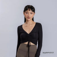 HAPPYFIT Cropped Long Sleeve Ribbed V neck Top