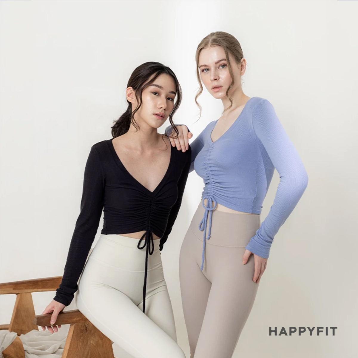 HAPPYFIT Cropped Long Sleeve Ribbed V neck Top