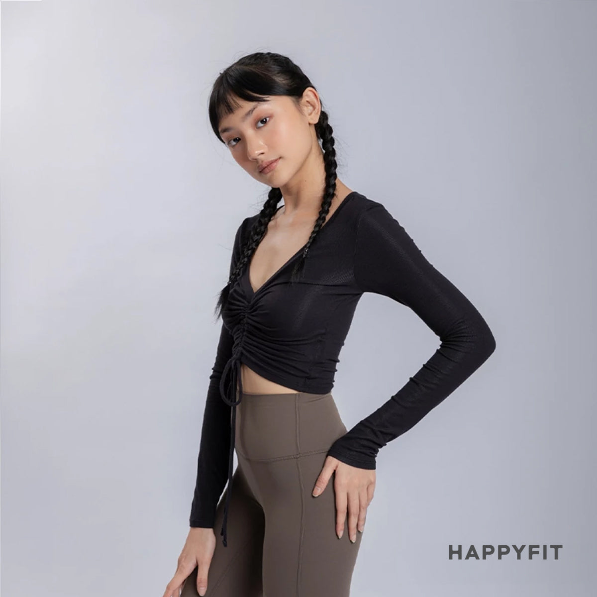HAPPYFIT Cropped Long Sleeve Ribbed V neck Top