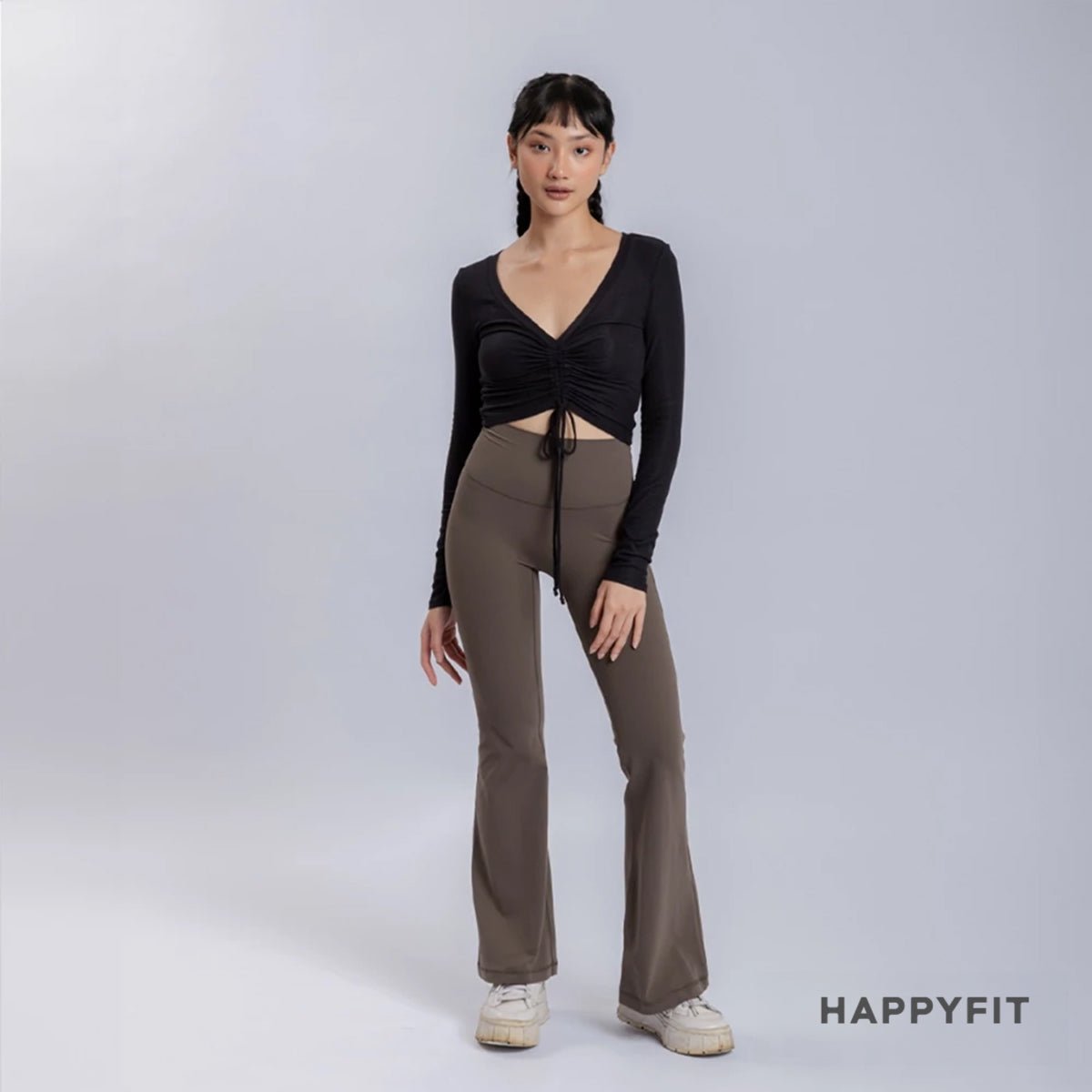 HAPPYFIT Cropped Long Sleeve Ribbed V neck Top